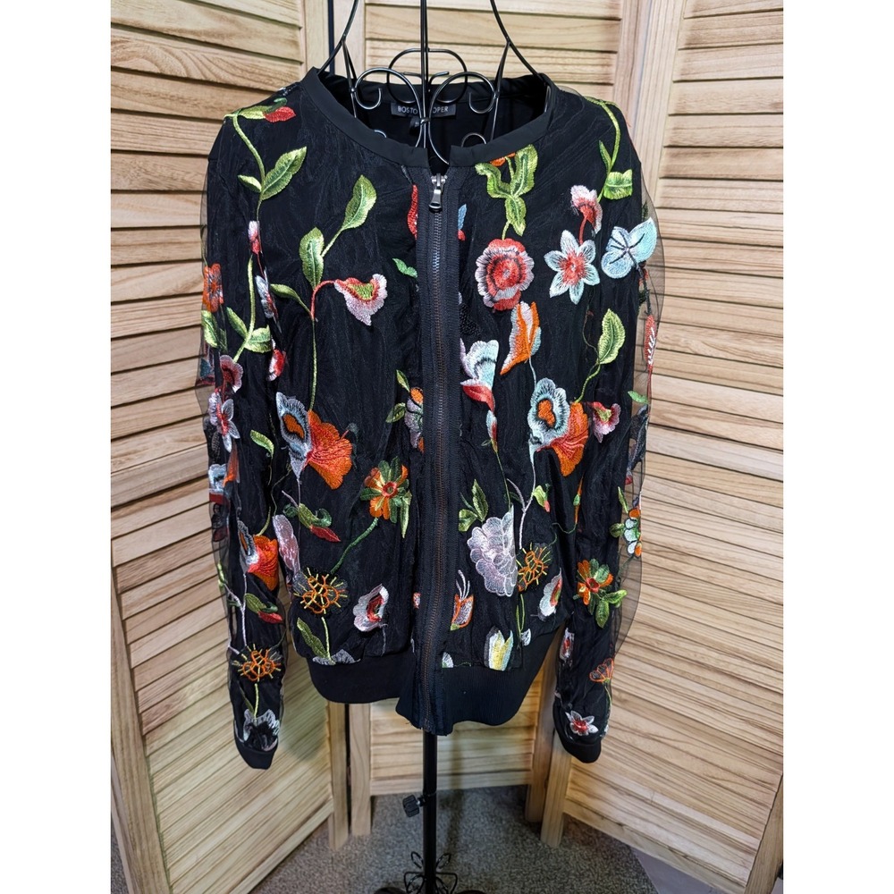 Boston Proper Black Floral Track Bomber Jacket Womens Sz Large Party